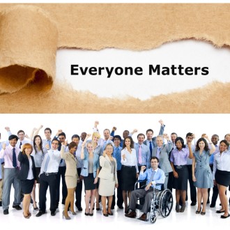 An infographic with phrase EVERYONE MATTERS at top and a diverse group of individuals with a disability holding up their arm with a fist.